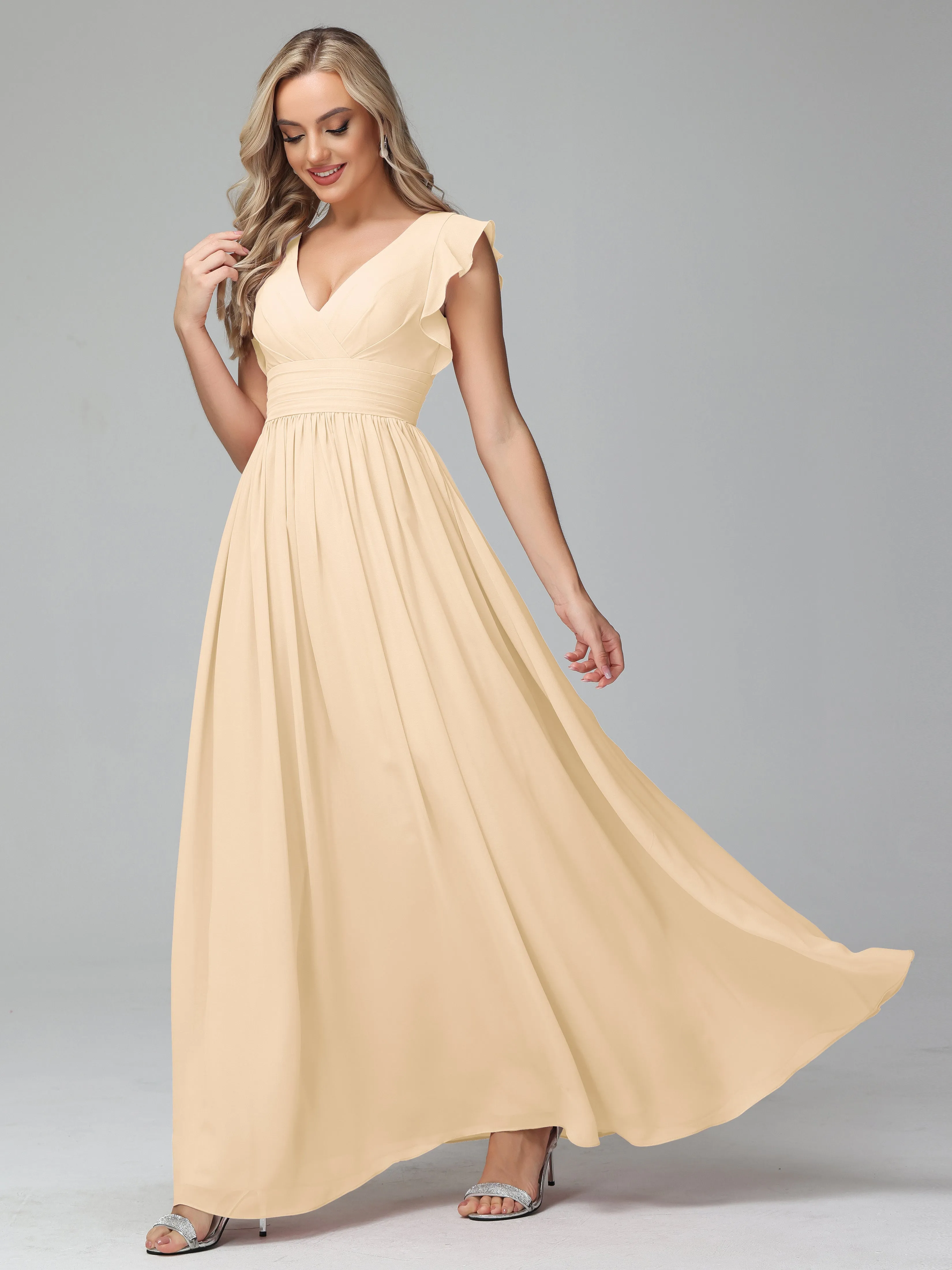 Bonnie V-Neck Chiffon Mother of the Bride Dress With Ruffle Sleeves