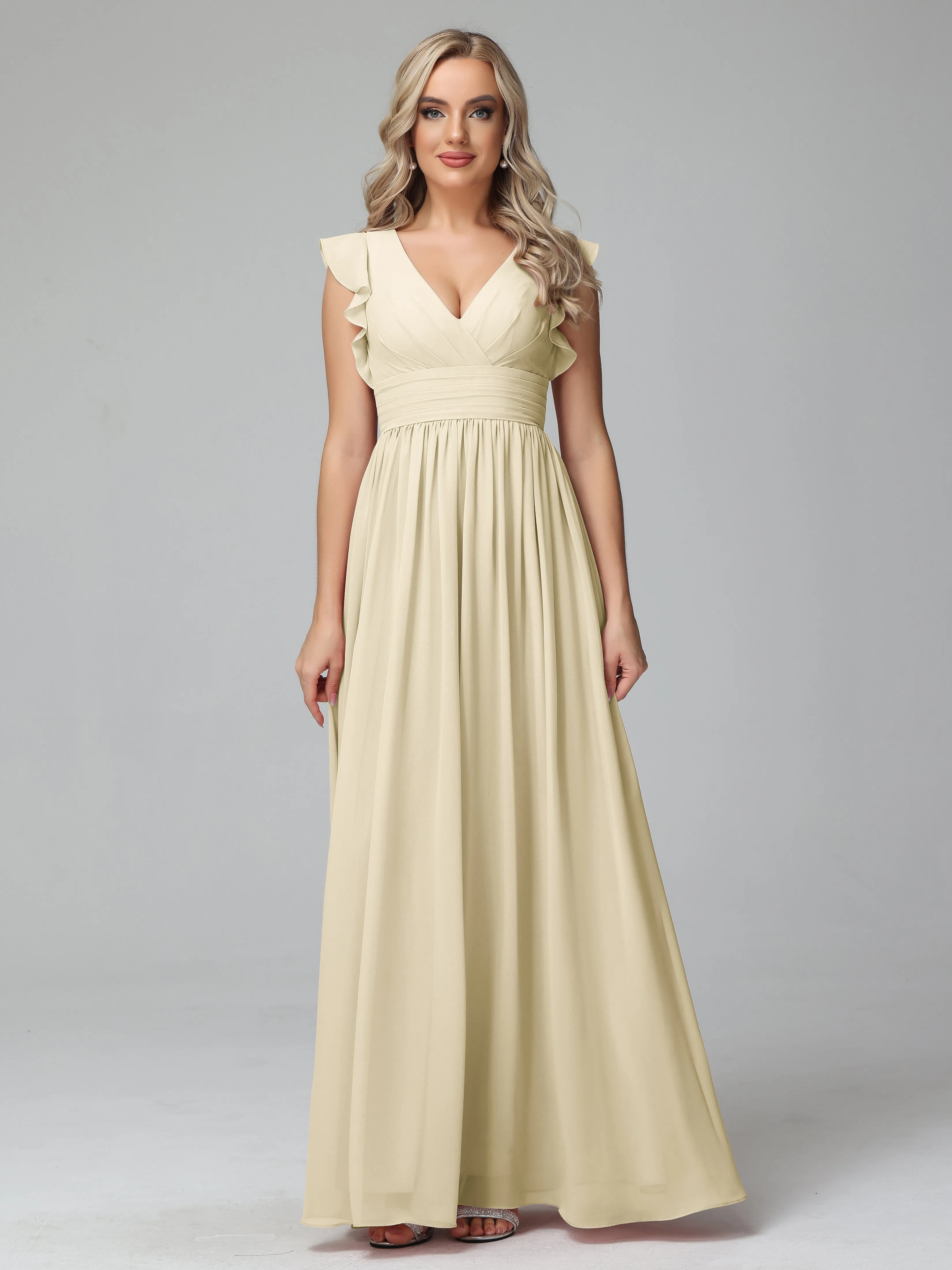 Bonnie V-Neck Chiffon Mother of the Bride Dress With Ruffle Sleeves