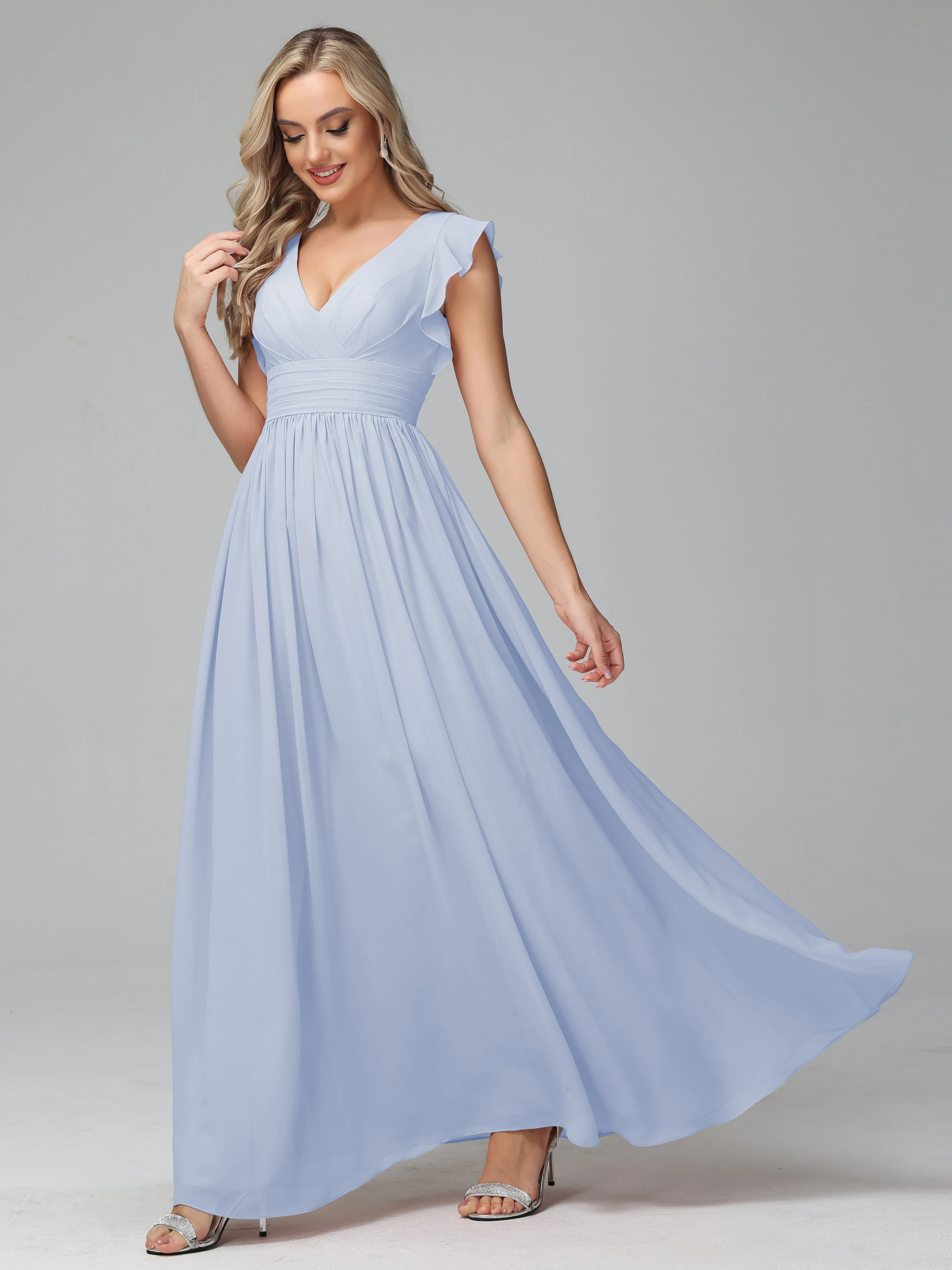 Bonnie V-Neck Chiffon Mother of the Bride Dress With Ruffle Sleeves
