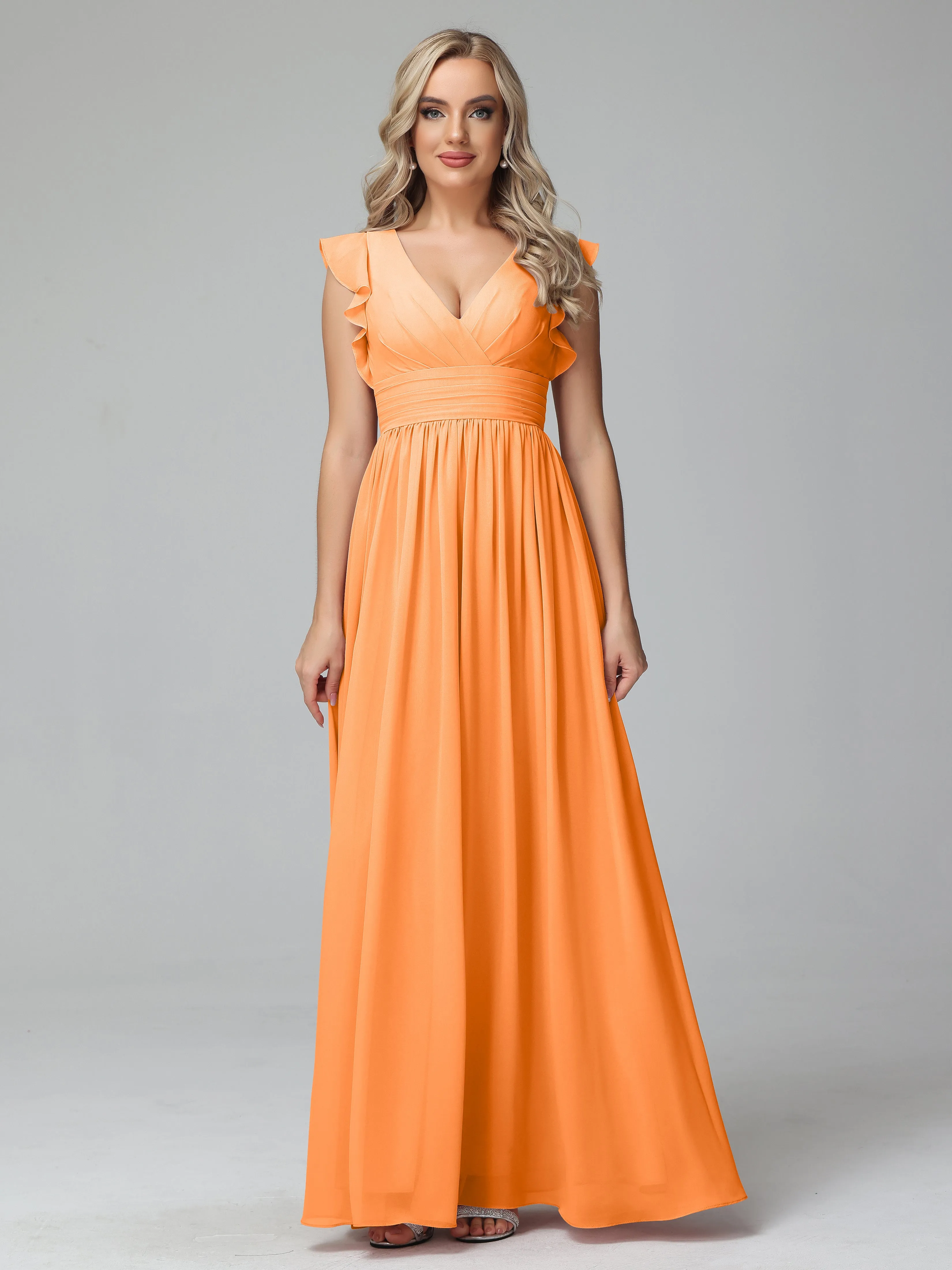Bonnie V-Neck Chiffon Mother of the Bride Dress With Ruffle Sleeves