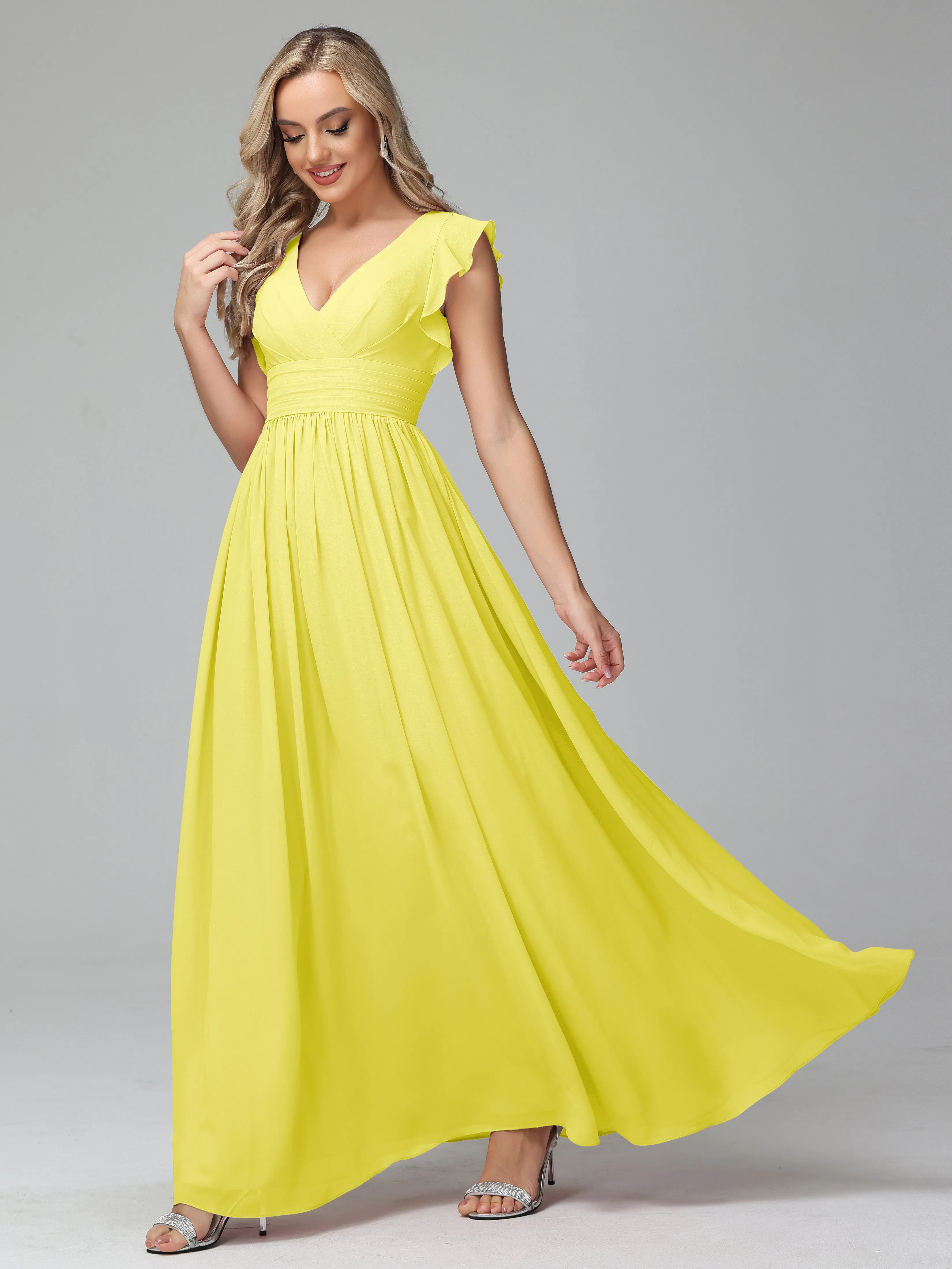 Bonnie V-Neck Chiffon Mother of the Bride Dress With Ruffle Sleeves
