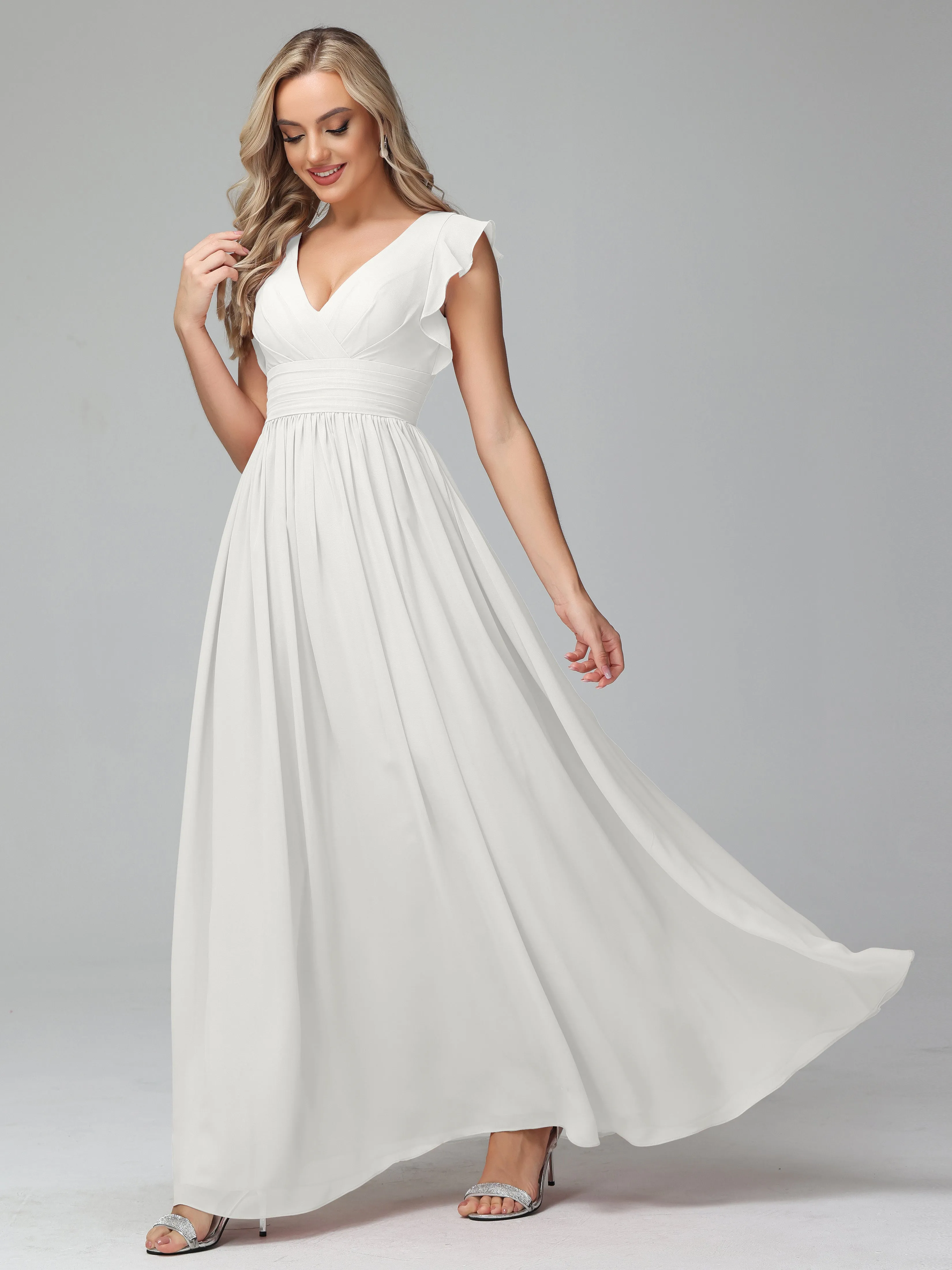 Bonnie V-Neck Chiffon Mother of the Bride Dress With Ruffle Sleeves