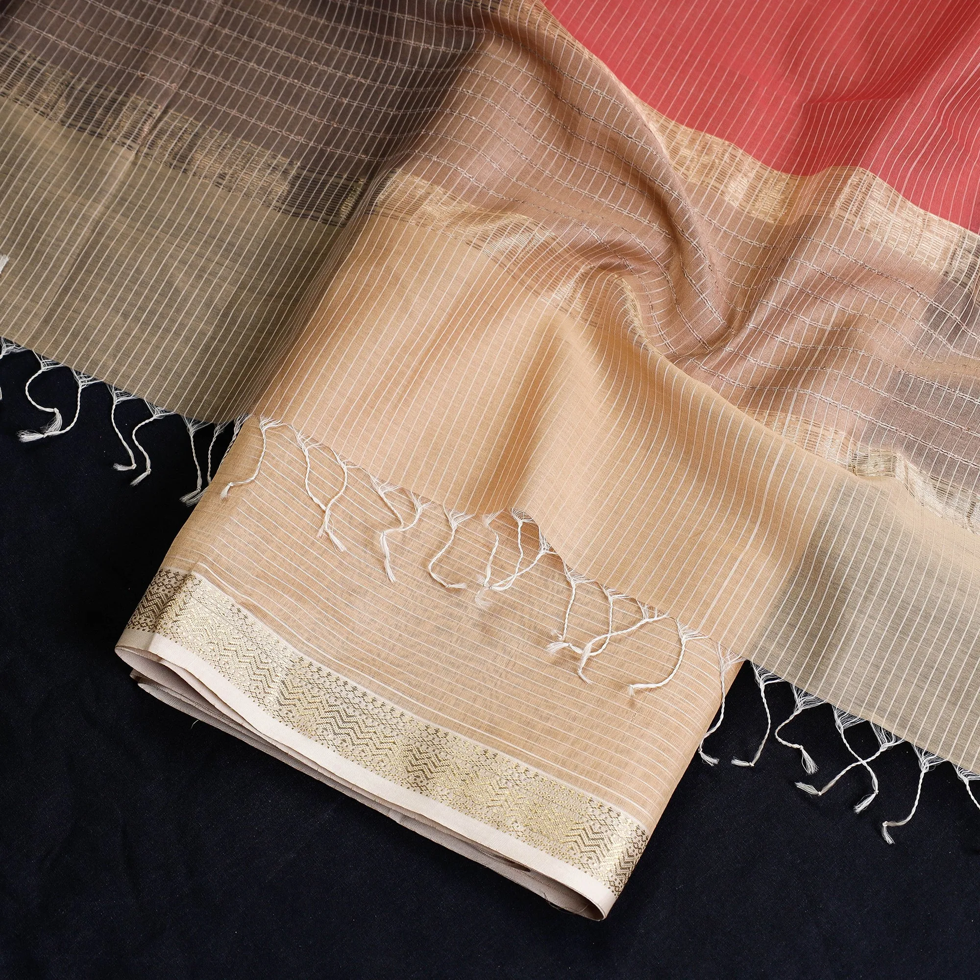 Brown - 2pc Maheshwari Silk Cotton Handloom Stripe Suit Material Set with Zari Border