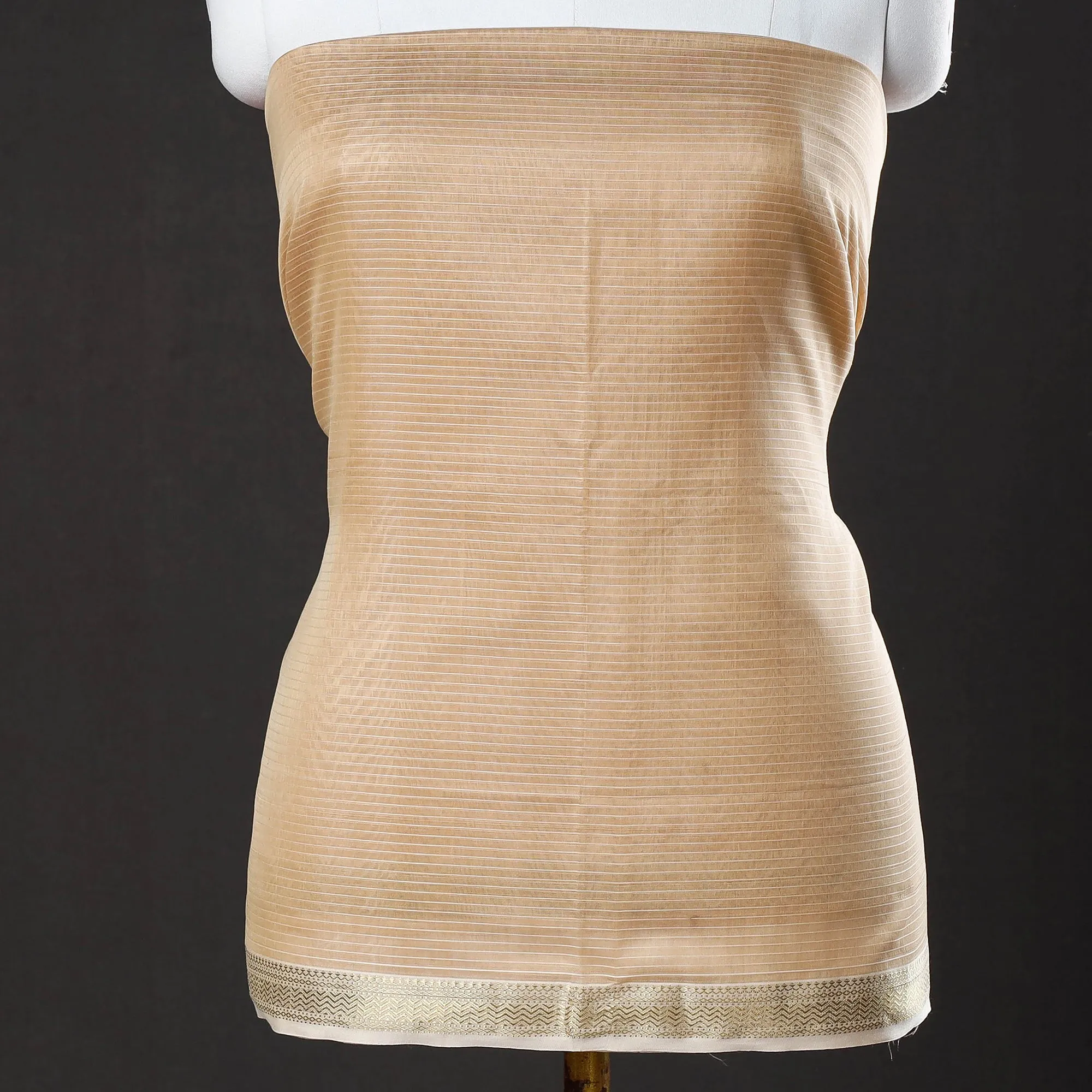 Brown - 2pc Maheshwari Silk Cotton Handloom Stripe Suit Material Set with Zari Border