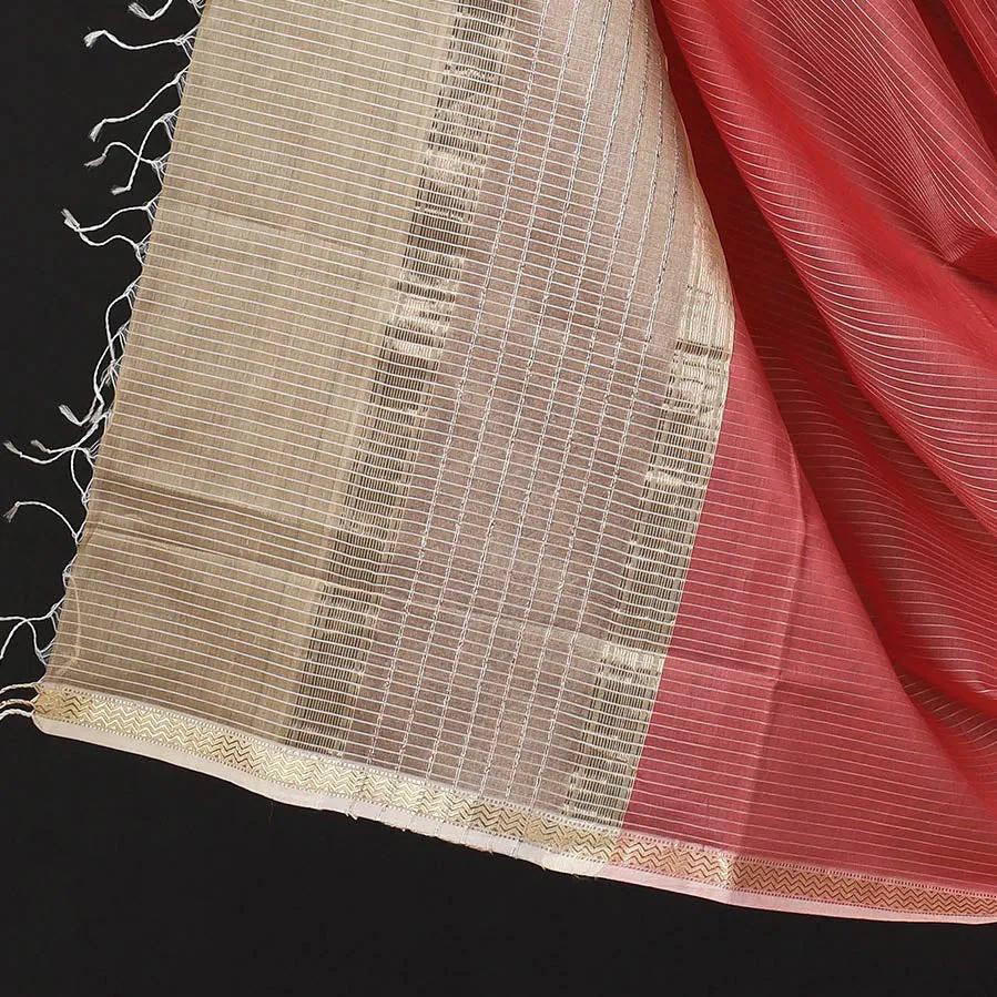 Brown - 2pc Maheshwari Silk Cotton Handloom Stripe Suit Material Set with Zari Border