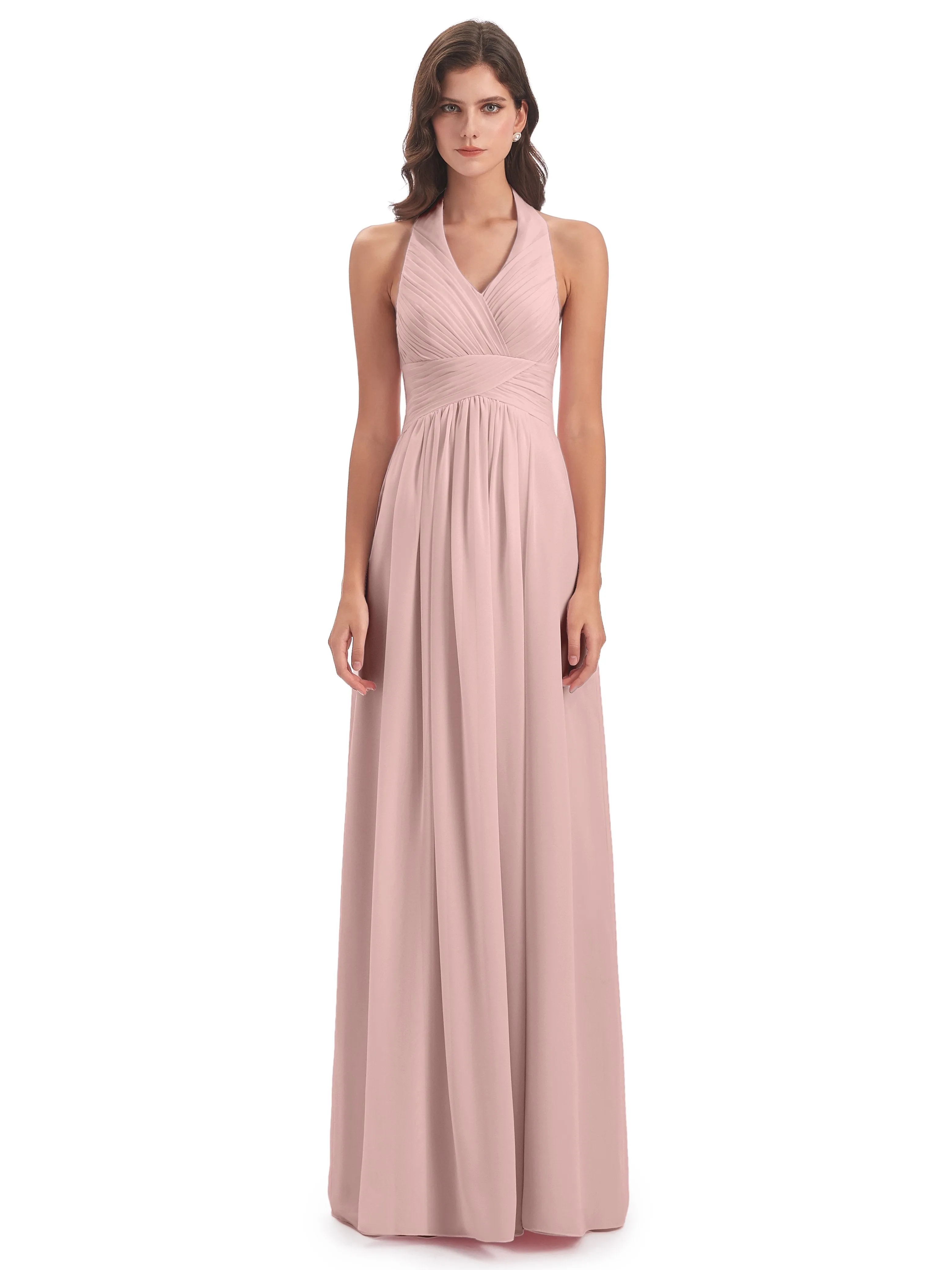 Elsie Vintage Chiffon Halter Pleating Long Bridesmaid Dresses