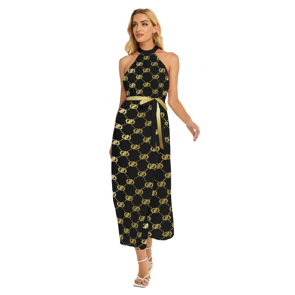 EXCELLENCE BLC Women's Wrap Hem Belted Halter Dress