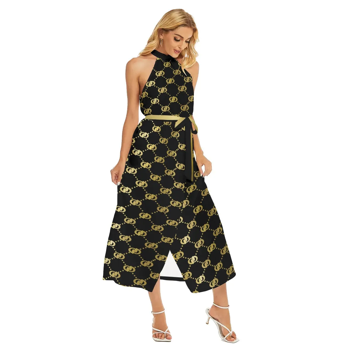 EXCELLENCE BLC Women's Wrap Hem Belted Halter Dress