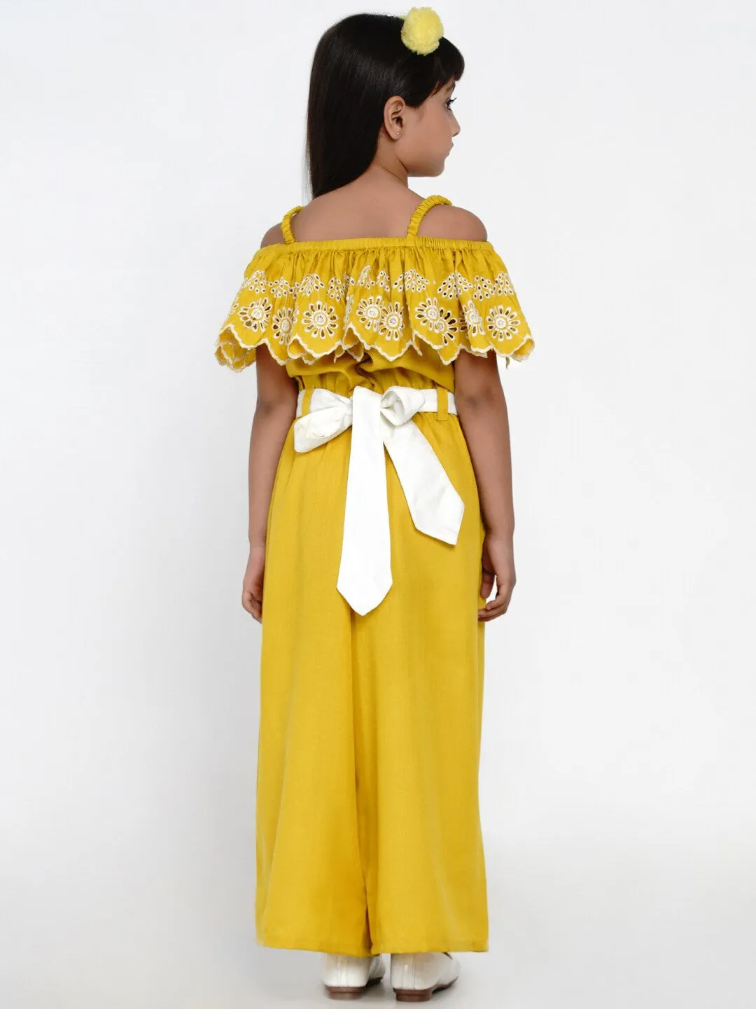 Girls Mustard Yellow & White Off-Shoulder Schiffli Basic Jumpsuit