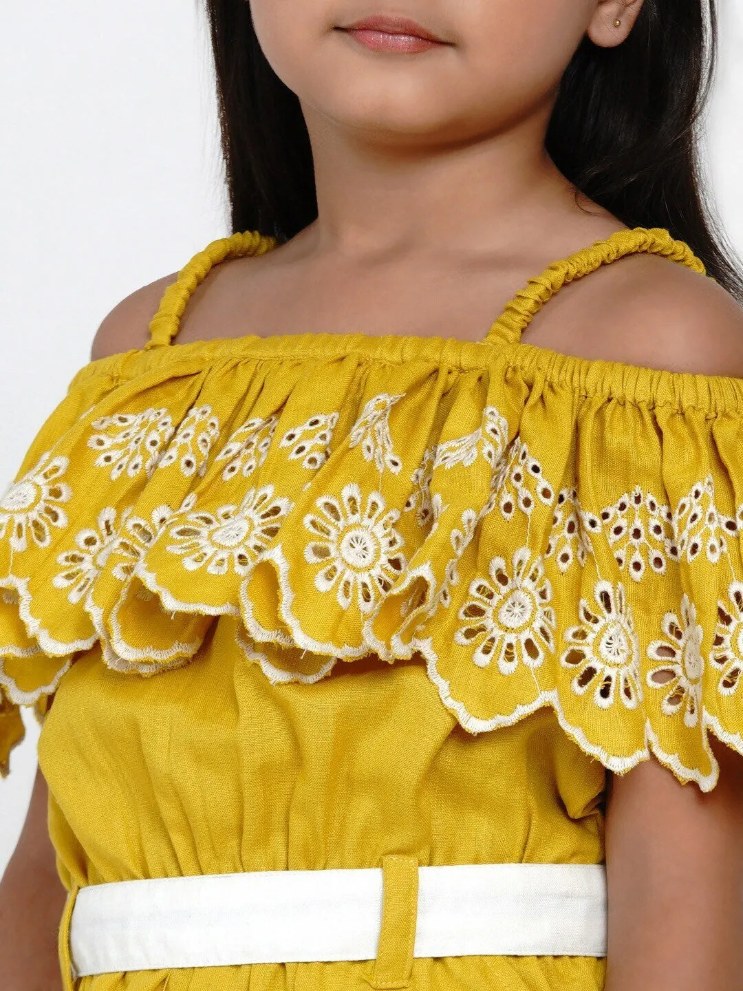 Girls Mustard Yellow & White Off-Shoulder Schiffli Basic Jumpsuit