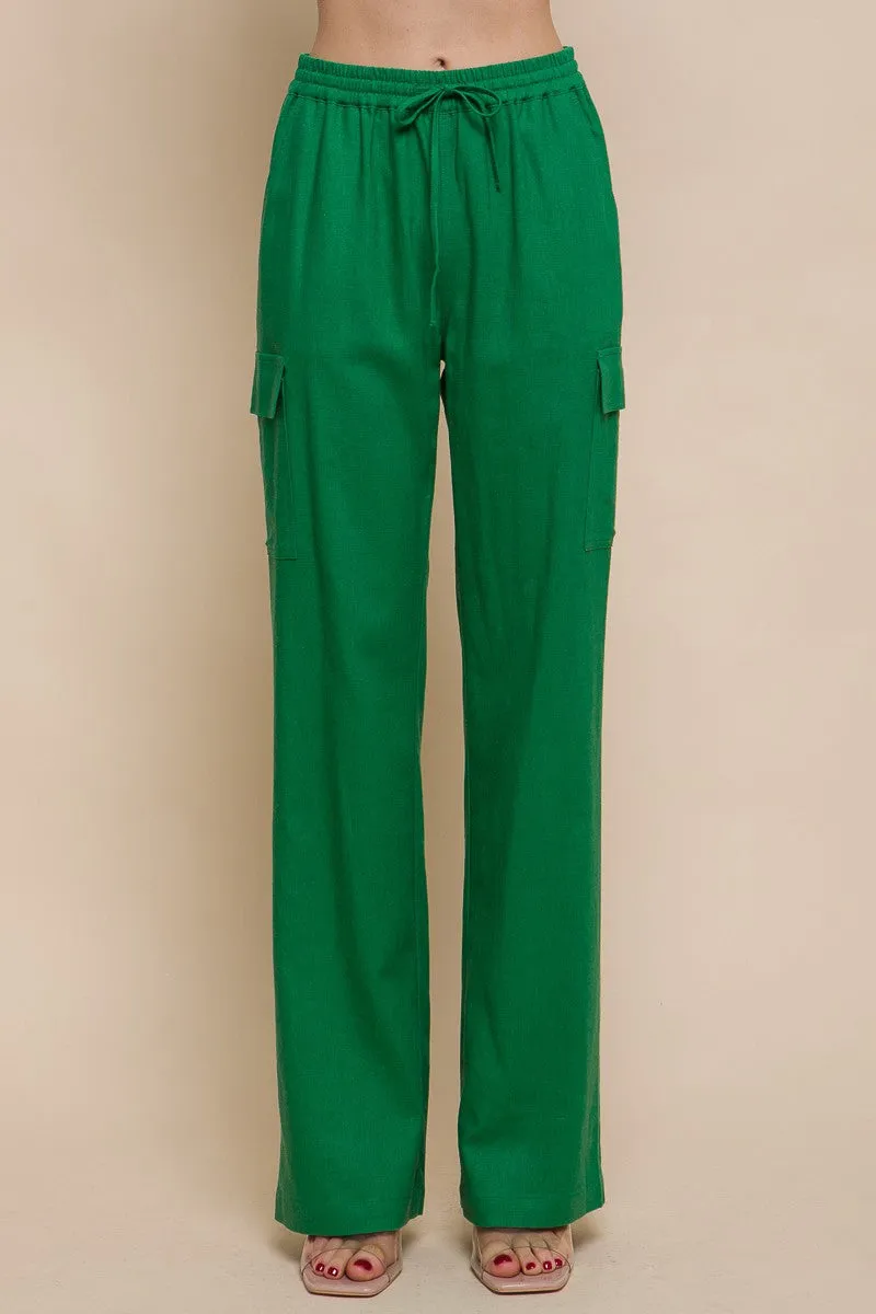 Green Linen Straight Leg Cargo Pants