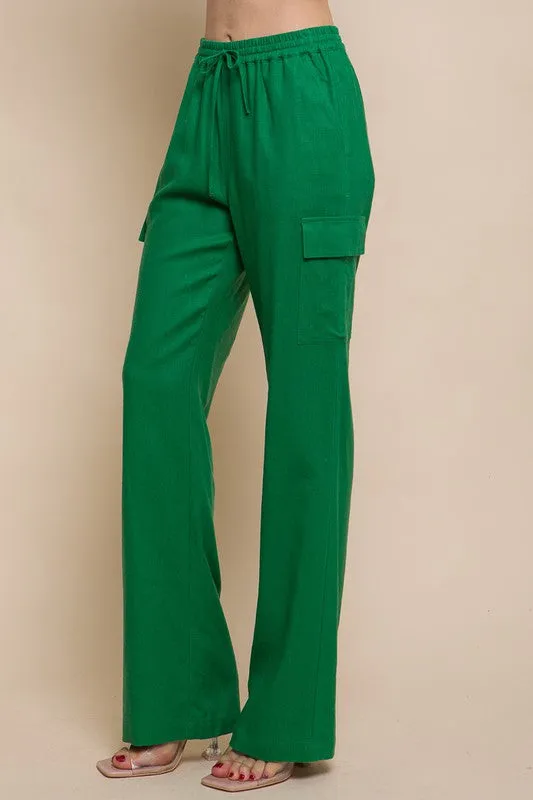 Green Linen Straight Leg Cargo Pants
