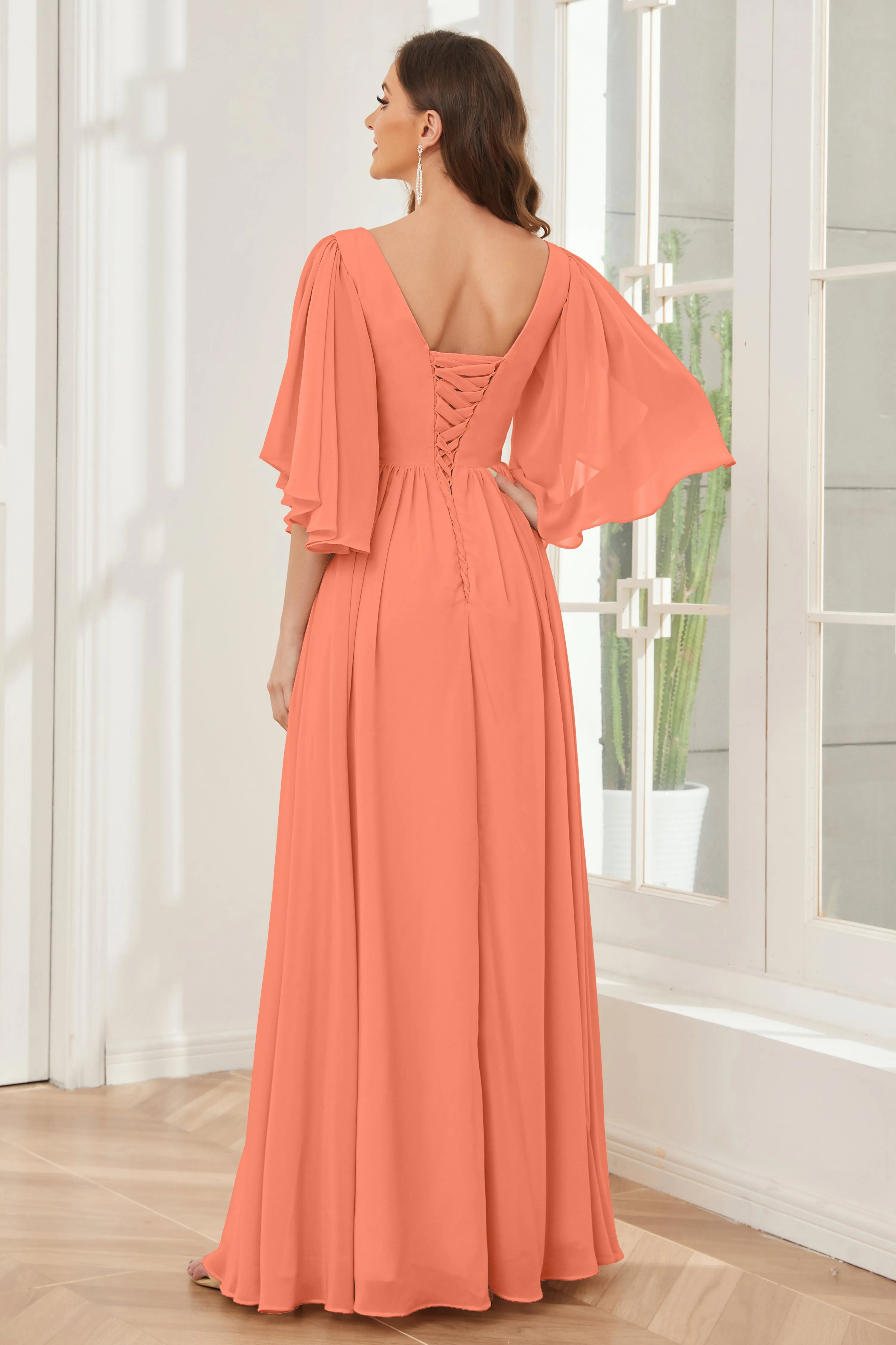 Half Sleeves Lace-up Back Bridesmaid Dresses with Slit