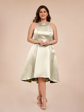 Halter A-Line Knee Length Satin Mother of the Bride Dress With Beading
