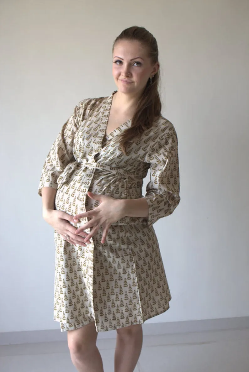 Ivory Tiny Tree Motif Hand Block Organic Cotton Maternity Robe