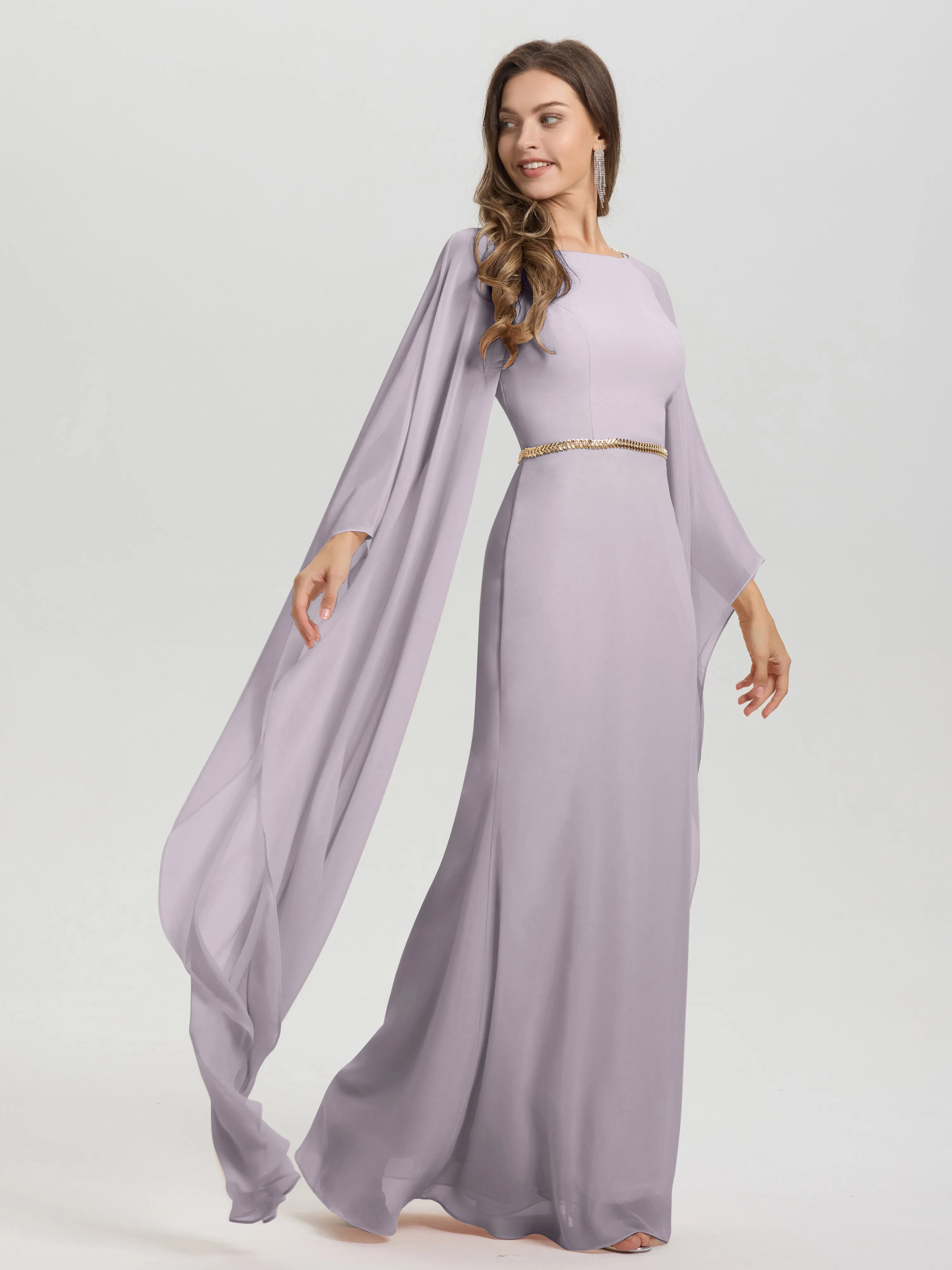 Jewel Floor Length Long Sleeves Chiffon Bridesmaid Dresses With Belt