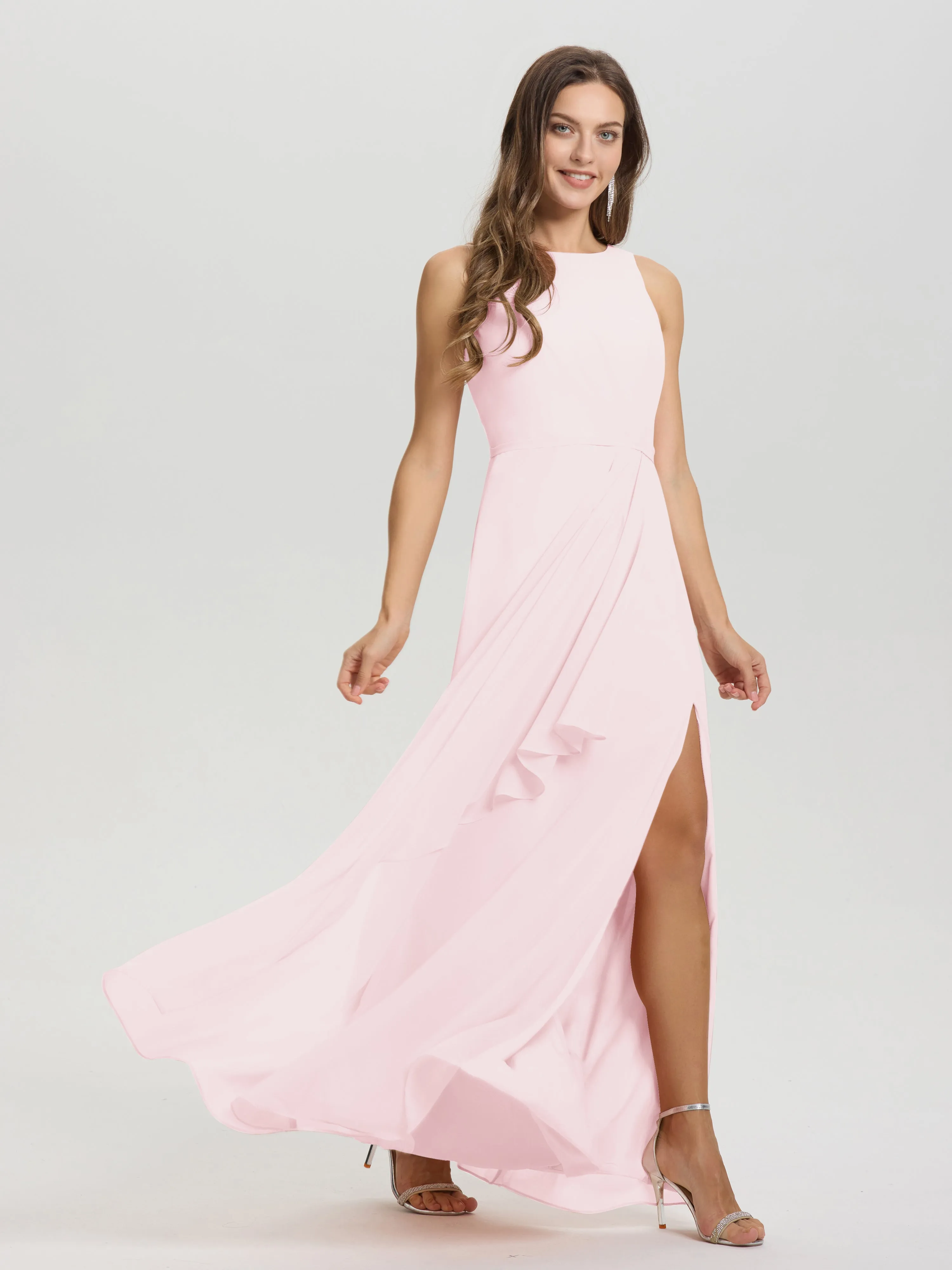Jewel Sleeveless Ruched Floor Length Split Chiffon Bridesmaid Dresses