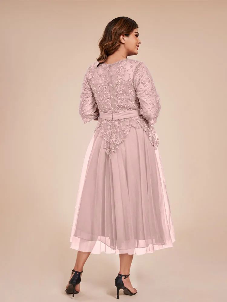 Lace Bodice 3/4 Length Sleeves Tea-Length Chiffon Mother Of The Bride Dress With Belt