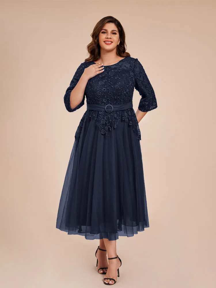 Lace Bodice 3/4 Length Sleeves Tea-Length Chiffon Mother Of The Bride Dress With Belt
