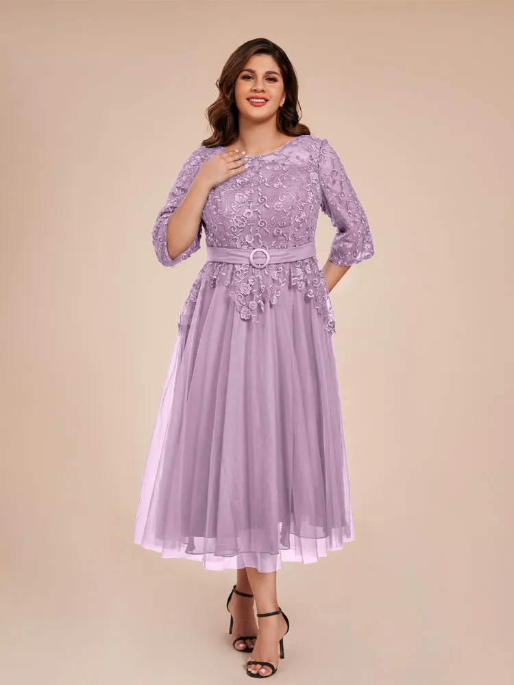 Lace Bodice 3/4 Length Sleeves Tea-Length Chiffon Mother Of The Bride Dress With Belt