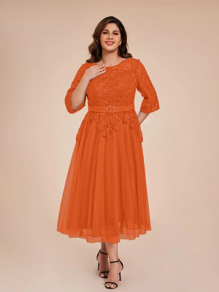 Lace Bodice 3/4 Length Sleeves Tea-Length Chiffon Mother Of The Bride Dress With Belt