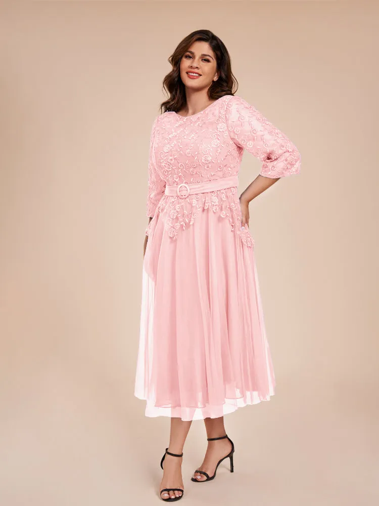 Lace Bodice 3/4 Length Sleeves Tea-Length Chiffon Mother Of The Bride Dress With Belt
