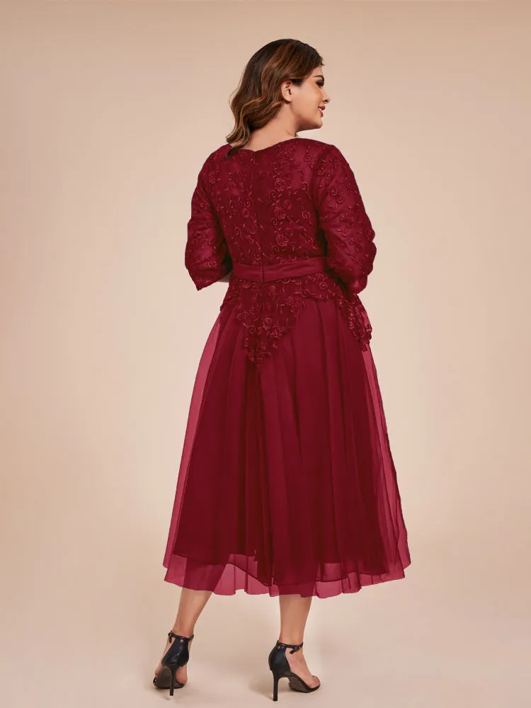 Lace Bodice 3/4 Length Sleeves Tea-Length Chiffon Mother Of The Bride Dress With Belt