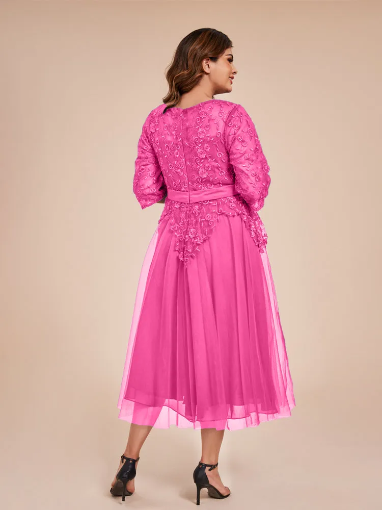 Lace Bodice 3/4 Length Sleeves Tea-Length Chiffon Mother Of The Bride Dress With Belt