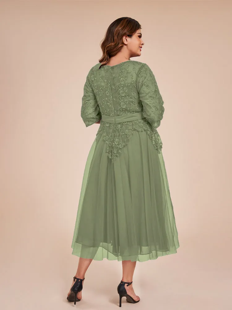 Lace Bodice 3/4 Length Sleeves Tea-Length Chiffon Mother Of The Bride Dress With Belt