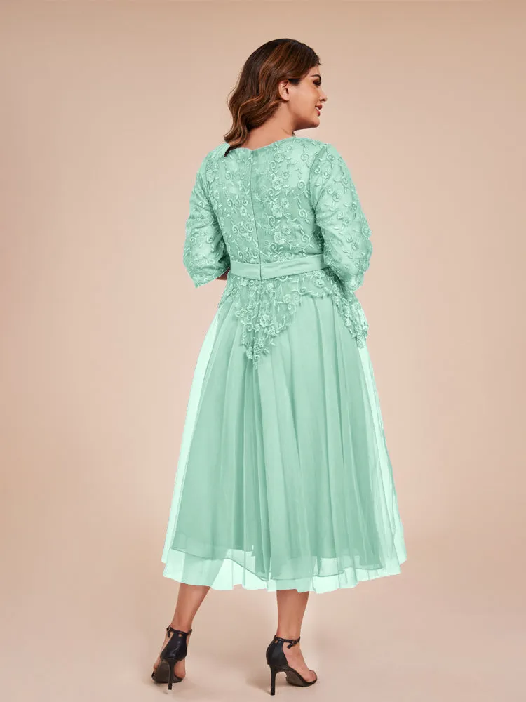 Lace Bodice 3/4 Length Sleeves Tea-Length Chiffon Mother Of The Bride Dress With Belt