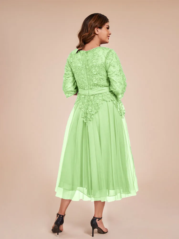 Lace Bodice 3/4 Length Sleeves Tea-Length Chiffon Mother Of The Bride Dress With Belt