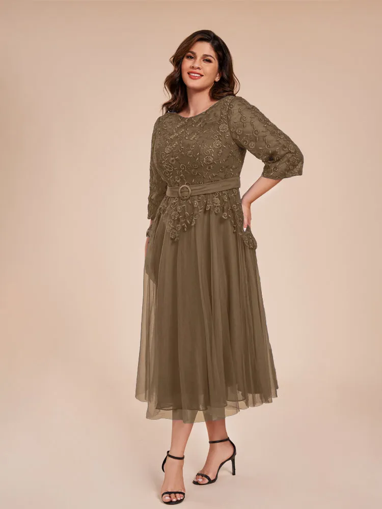 Lace Bodice 3/4 Length Sleeves Tea-Length Chiffon Mother Of The Bride Dress With Belt