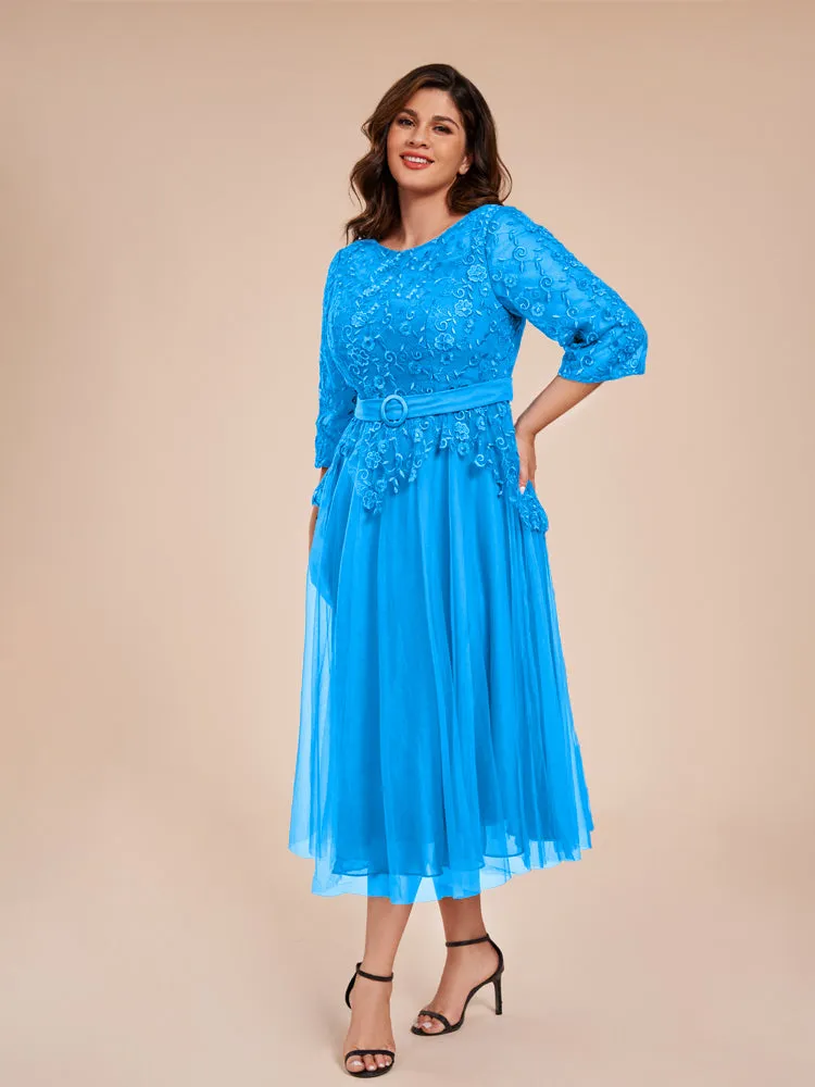 Lace Bodice 3/4 Length Sleeves Tea-Length Chiffon Mother Of The Bride Dress With Belt