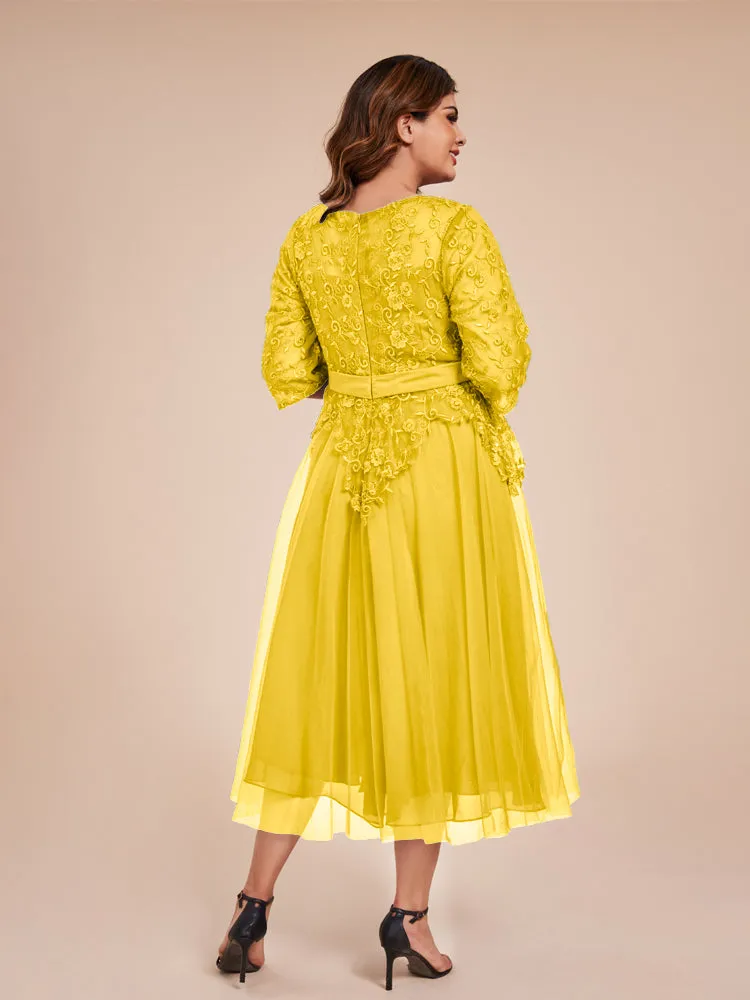 Lace Bodice 3/4 Length Sleeves Tea-Length Chiffon Mother Of The Bride Dress With Belt