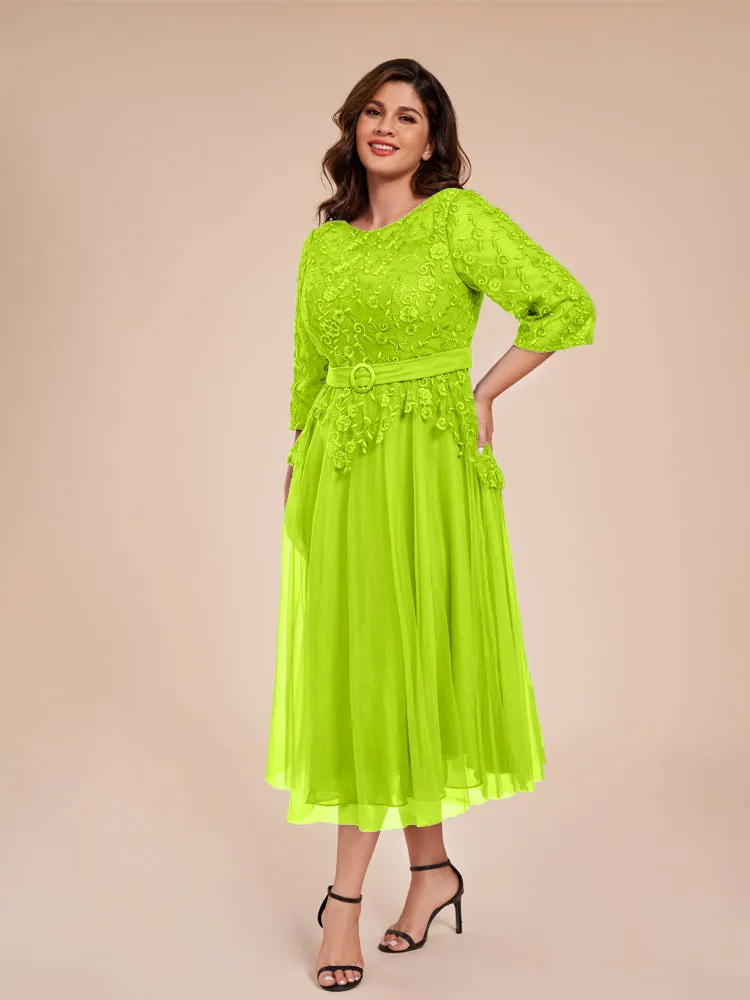 Lace Bodice 3/4 Length Sleeves Tea-Length Chiffon Mother Of The Bride Dress With Belt
