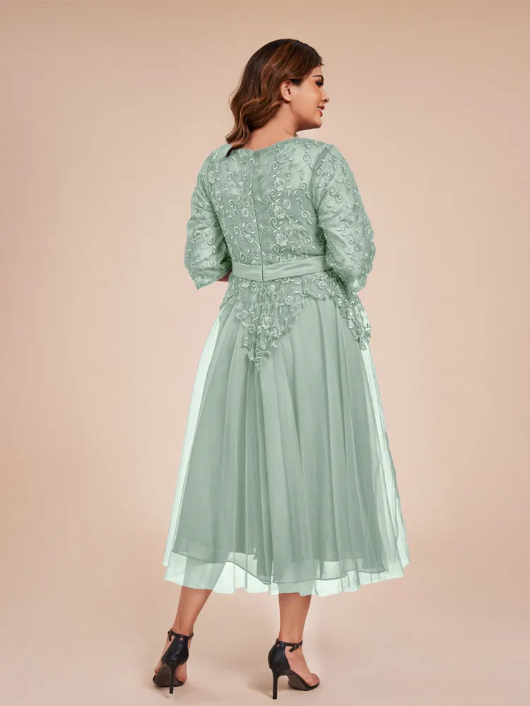 Lace Bodice 3/4 Length Sleeves Tea-Length Chiffon Mother Of The Bride Dress With Belt