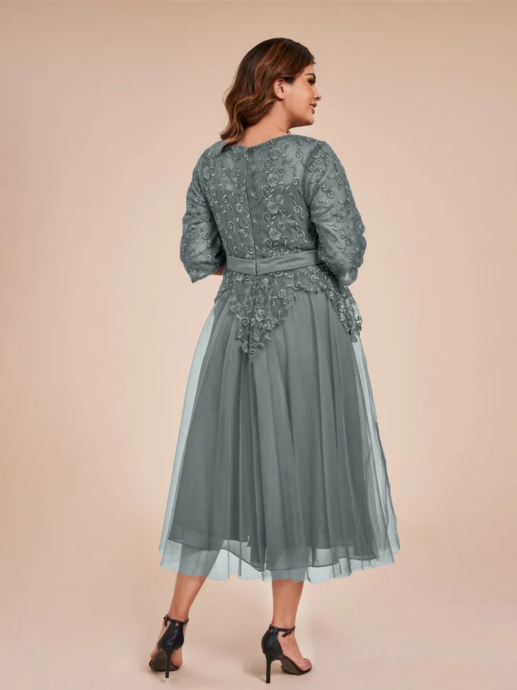 Lace Bodice 3/4 Length Sleeves Tea-Length Chiffon Mother Of The Bride Dress With Belt