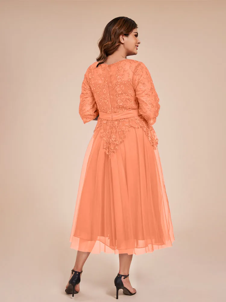 Lace Bodice 3/4 Length Sleeves Tea-Length Chiffon Mother Of The Bride Dress With Belt