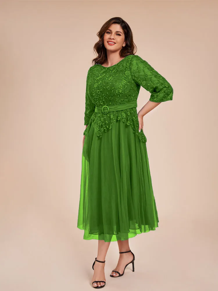 Lace Bodice 3/4 Length Sleeves Tea-Length Chiffon Mother Of The Bride Dress With Belt