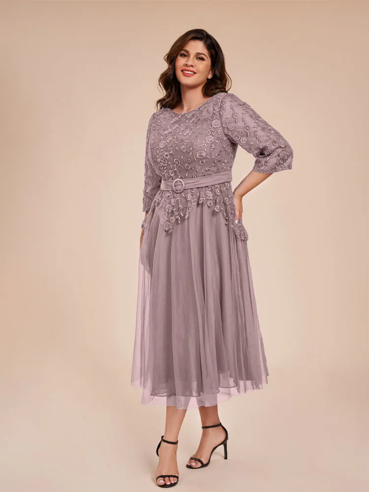 Lace Bodice 3/4 Length Sleeves Tea-Length Chiffon Mother Of The Bride Dress With Belt