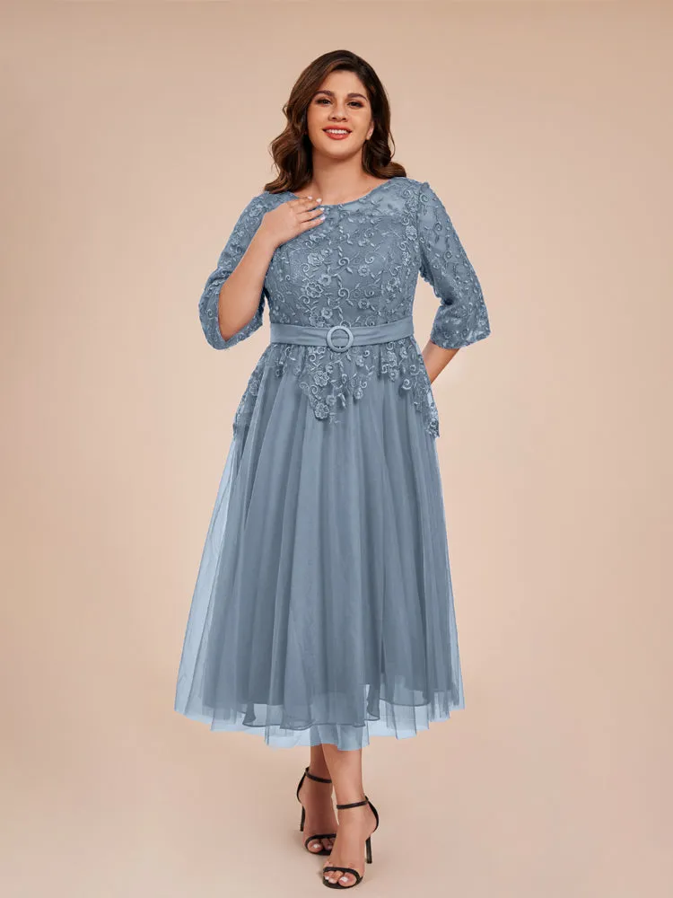 Lace Bodice 3/4 Length Sleeves Tea-Length Chiffon Mother Of The Bride Dress With Belt