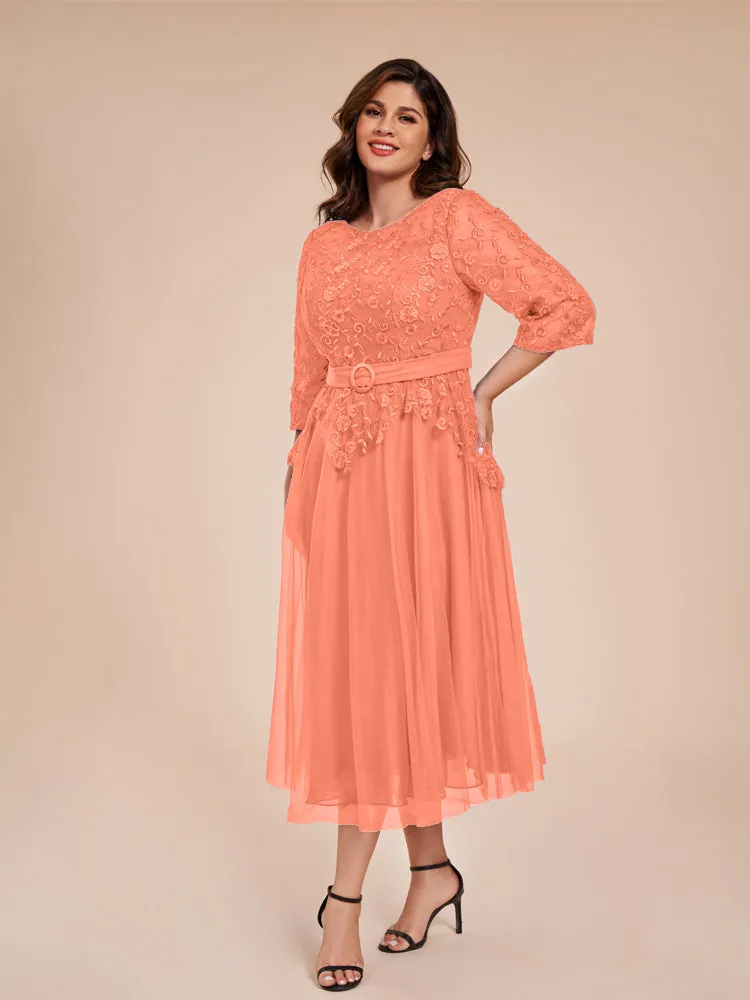 Lace Bodice 3/4 Length Sleeves Tea-Length Chiffon Mother Of The Bride Dress With Belt