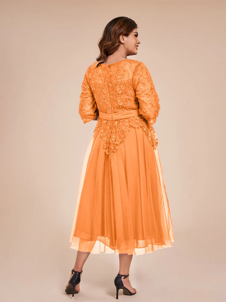 Lace Bodice 3/4 Length Sleeves Tea-Length Chiffon Mother Of The Bride Dress With Belt
