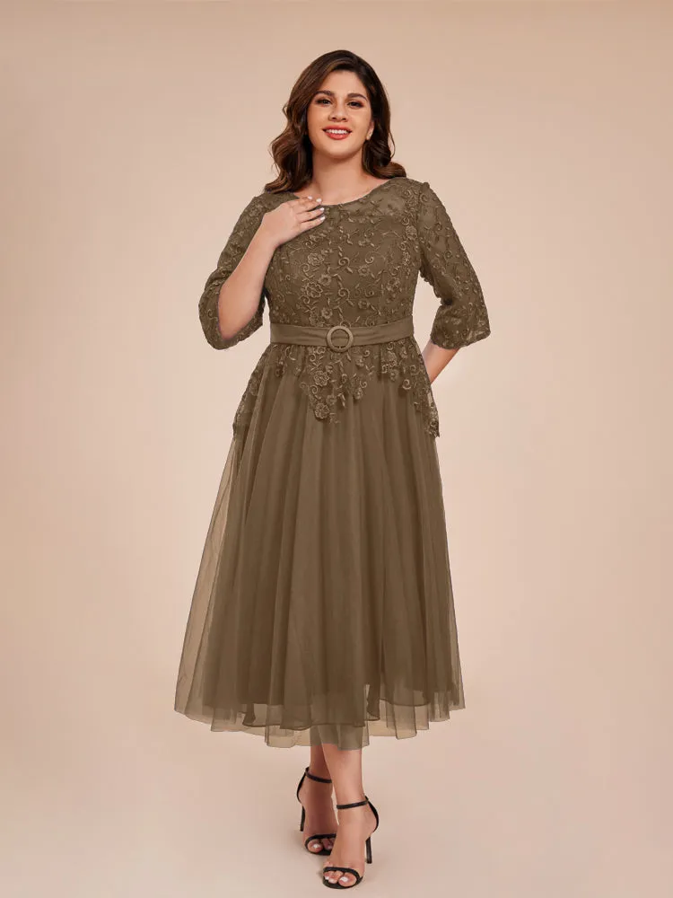 Lace Bodice 3/4 Length Sleeves Tea-Length Chiffon Mother Of The Bride Dress With Belt