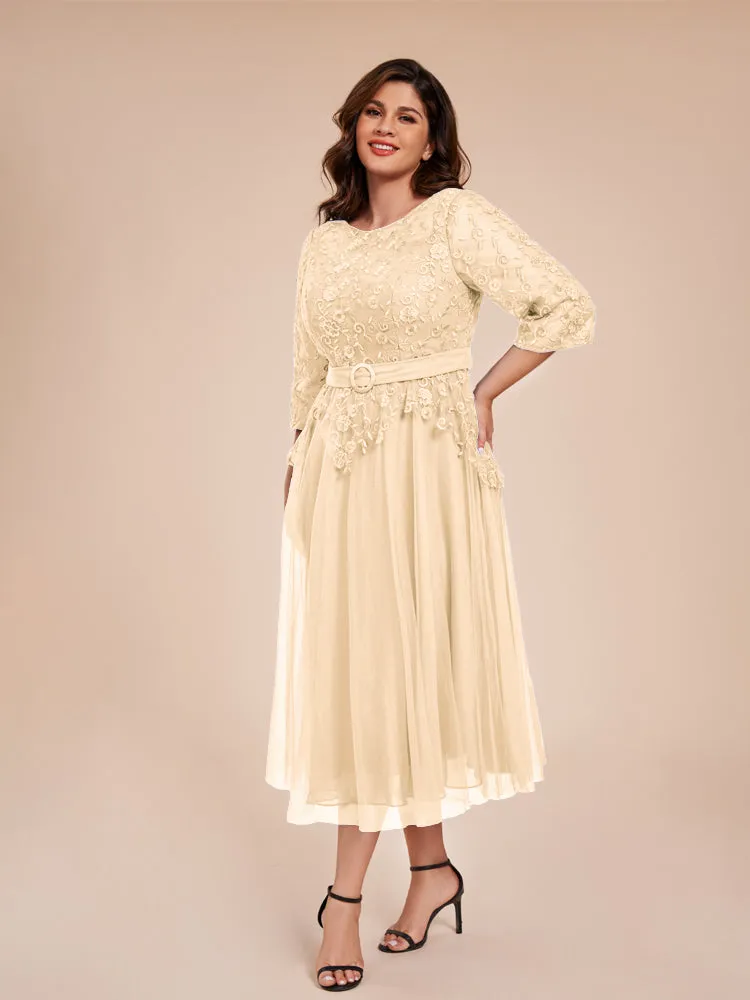 Lace Bodice 3/4 Length Sleeves Tea-Length Chiffon Mother Of The Bride Dress With Belt