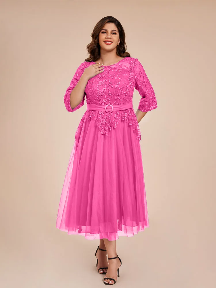 Lace Bodice 3/4 Length Sleeves Tea-Length Chiffon Mother Of The Bride Dress With Belt
