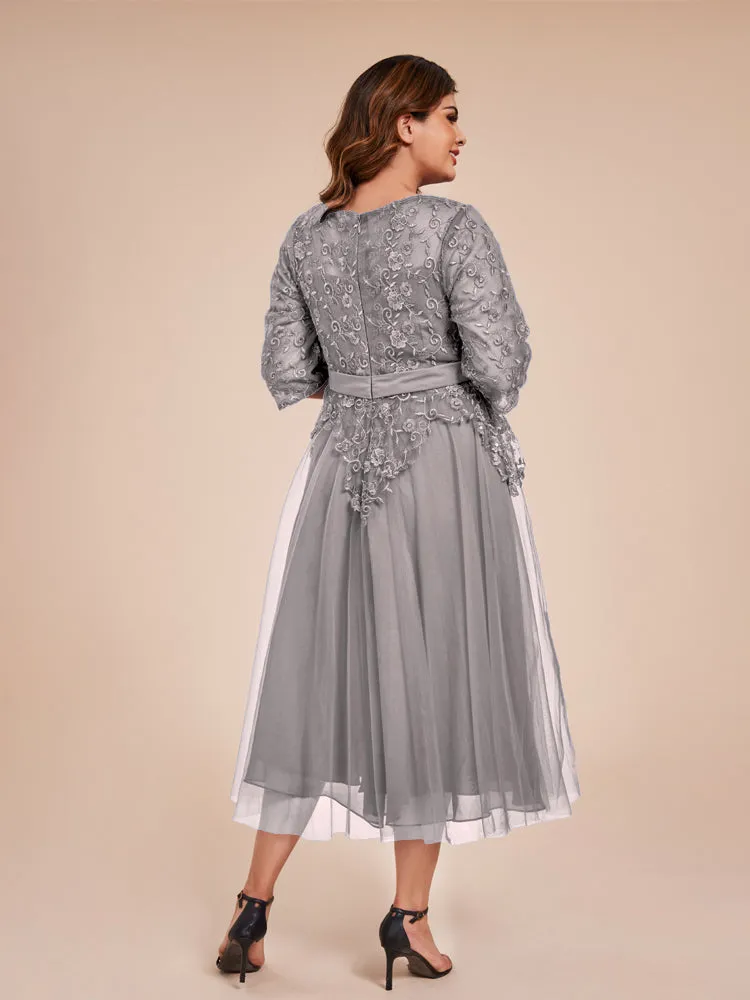 Lace Bodice 3/4 Length Sleeves Tea-Length Chiffon Mother Of The Bride Dress With Belt