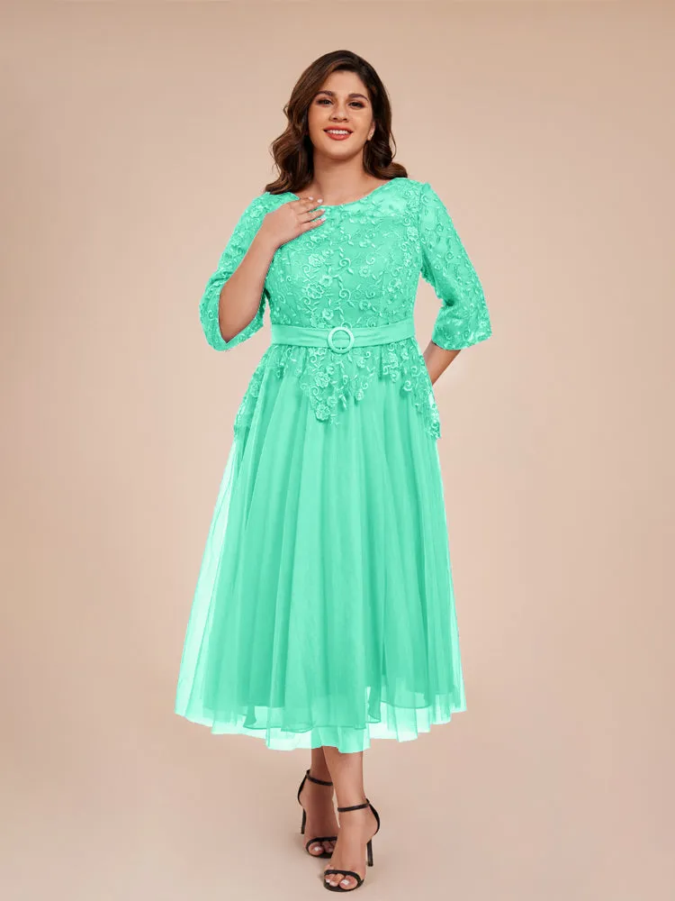 Lace Bodice 3/4 Length Sleeves Tea-Length Chiffon Mother Of The Bride Dress With Belt
