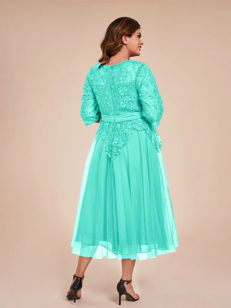 Lace Bodice 3/4 Length Sleeves Tea-Length Chiffon Mother Of The Bride Dress With Belt