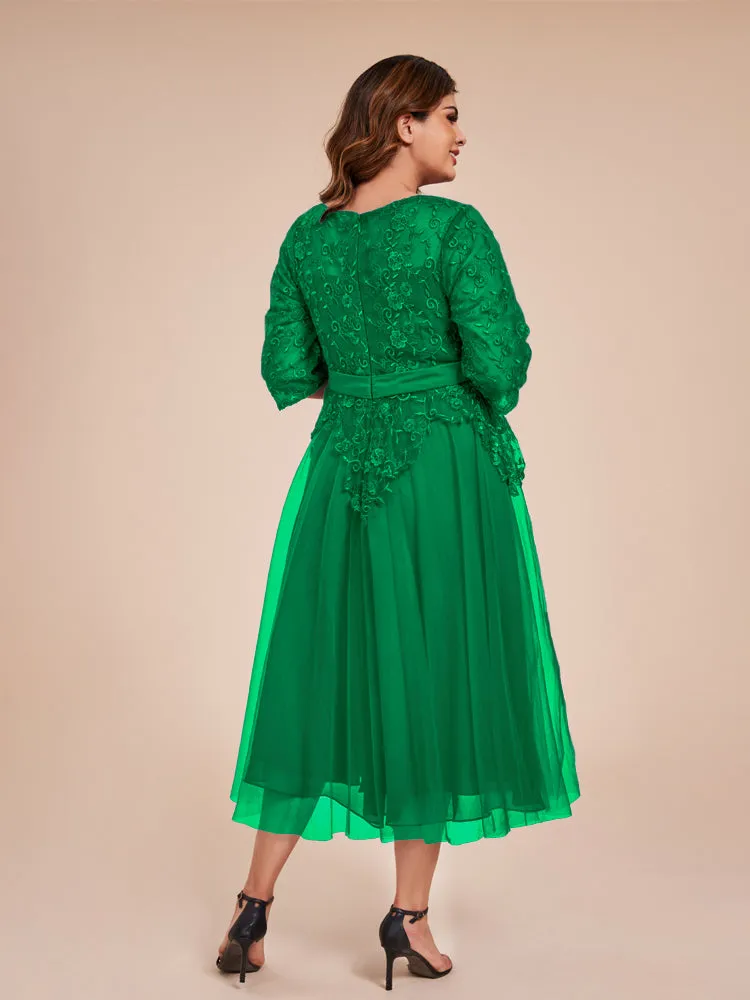 Lace Bodice 3/4 Length Sleeves Tea-Length Chiffon Mother Of The Bride Dress With Belt